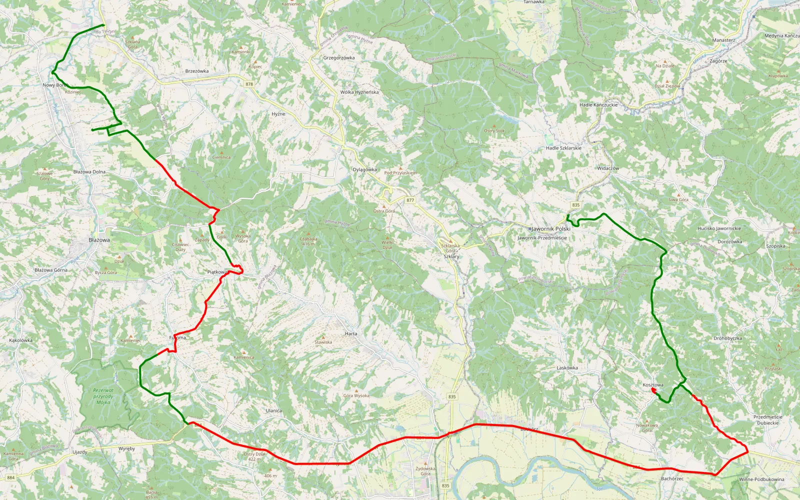 Mapa trasy Borek Stary - Jawornik Polski - 39.9 km trasy offroad, Powiat Rzeszowski