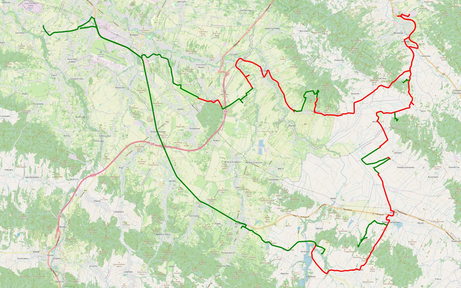 Mapa trasy Polanka - Dobieszyn - 85 km trasy offroad, Powiat Sanocki