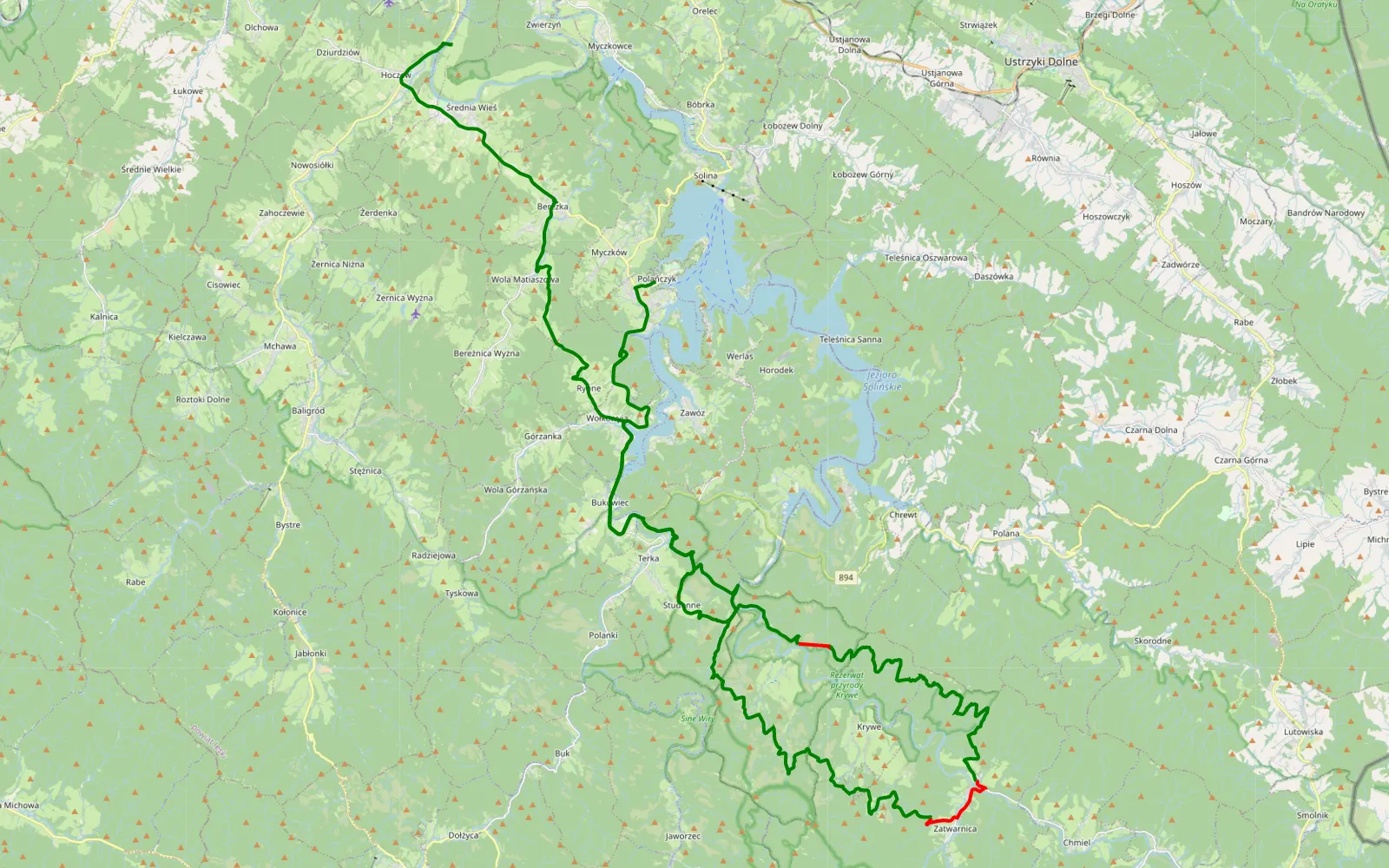 Map of Polańczyk - Hoczew - 46.3 km offroad trail, Bieszczady County