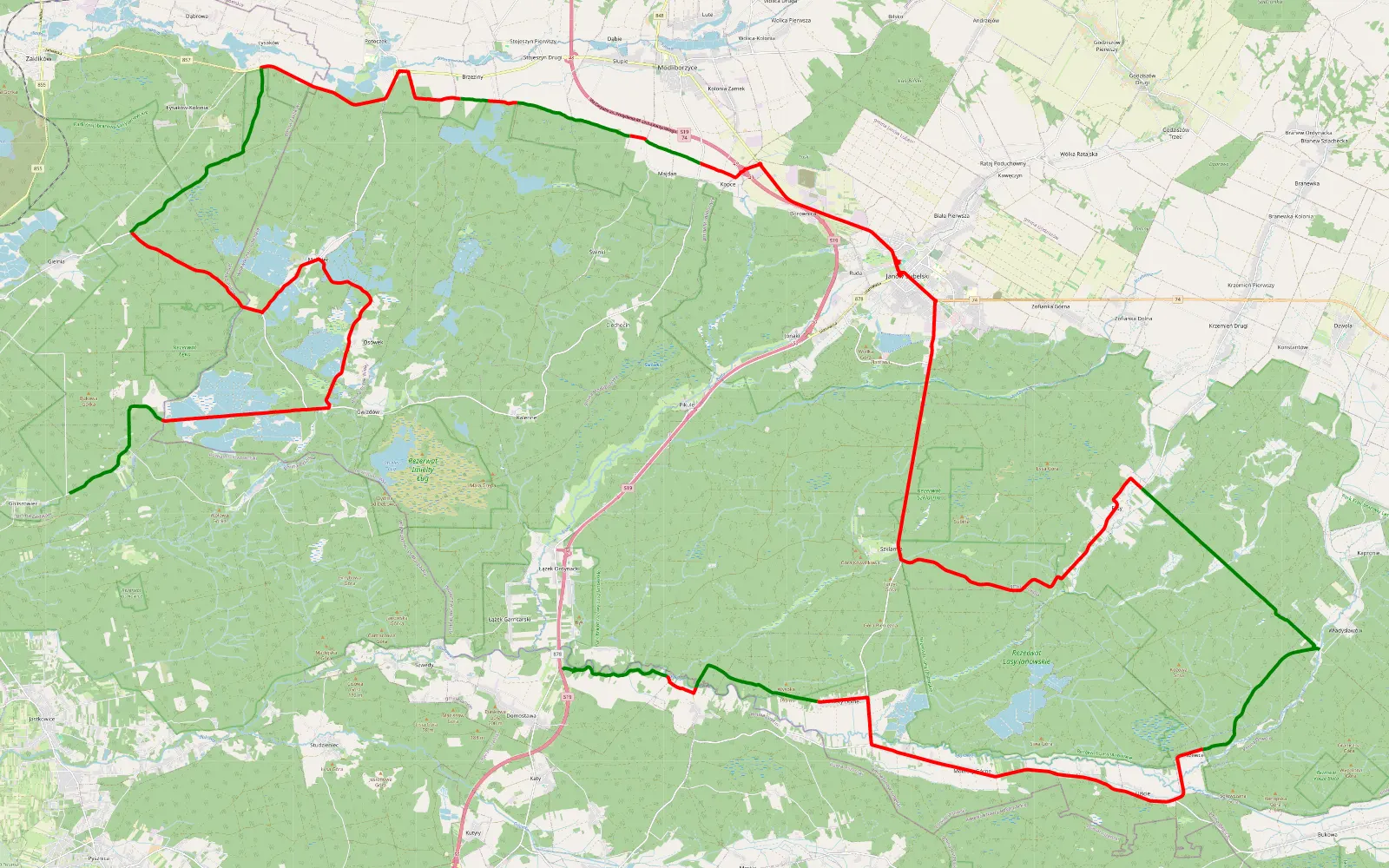 Mapa trasy Grubo - 90.6 km trasy offroad, Powiat Janowski