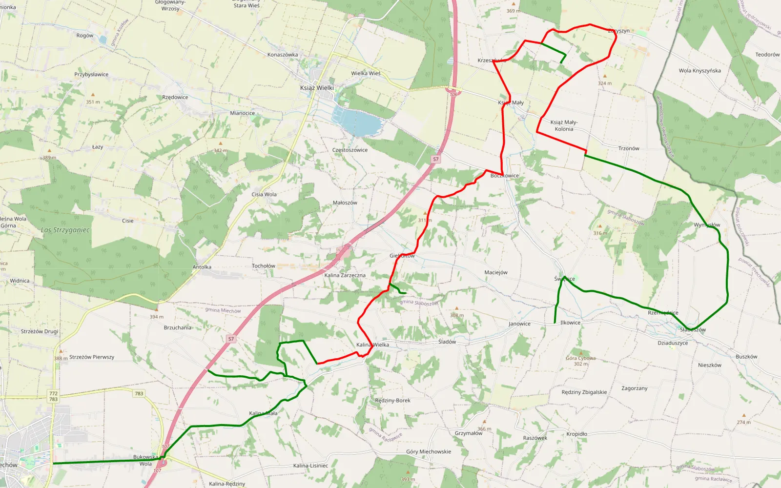 Mapa trasy Miechów - Ilkowice asfalt kolo moechowa - 25.9 km trasy offroad, Powiat Miechowski