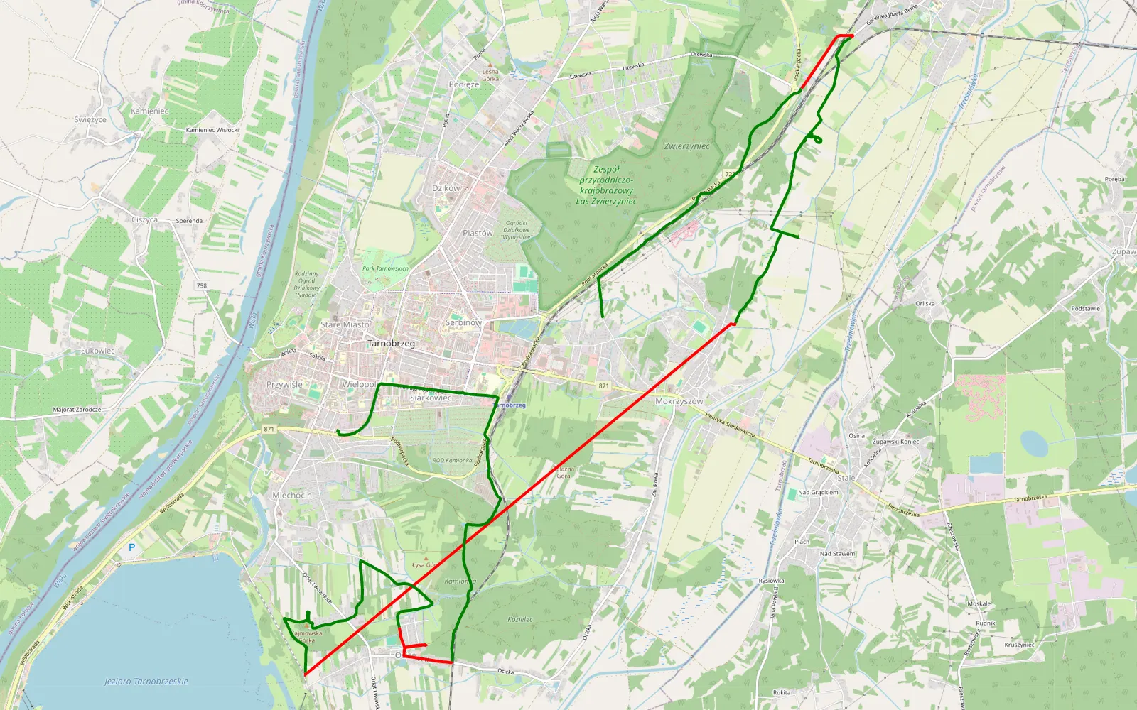 Mapa trasy Mokrzyszów - Radowąż - 21.7 km trasy offroad, Tarnobrzeg