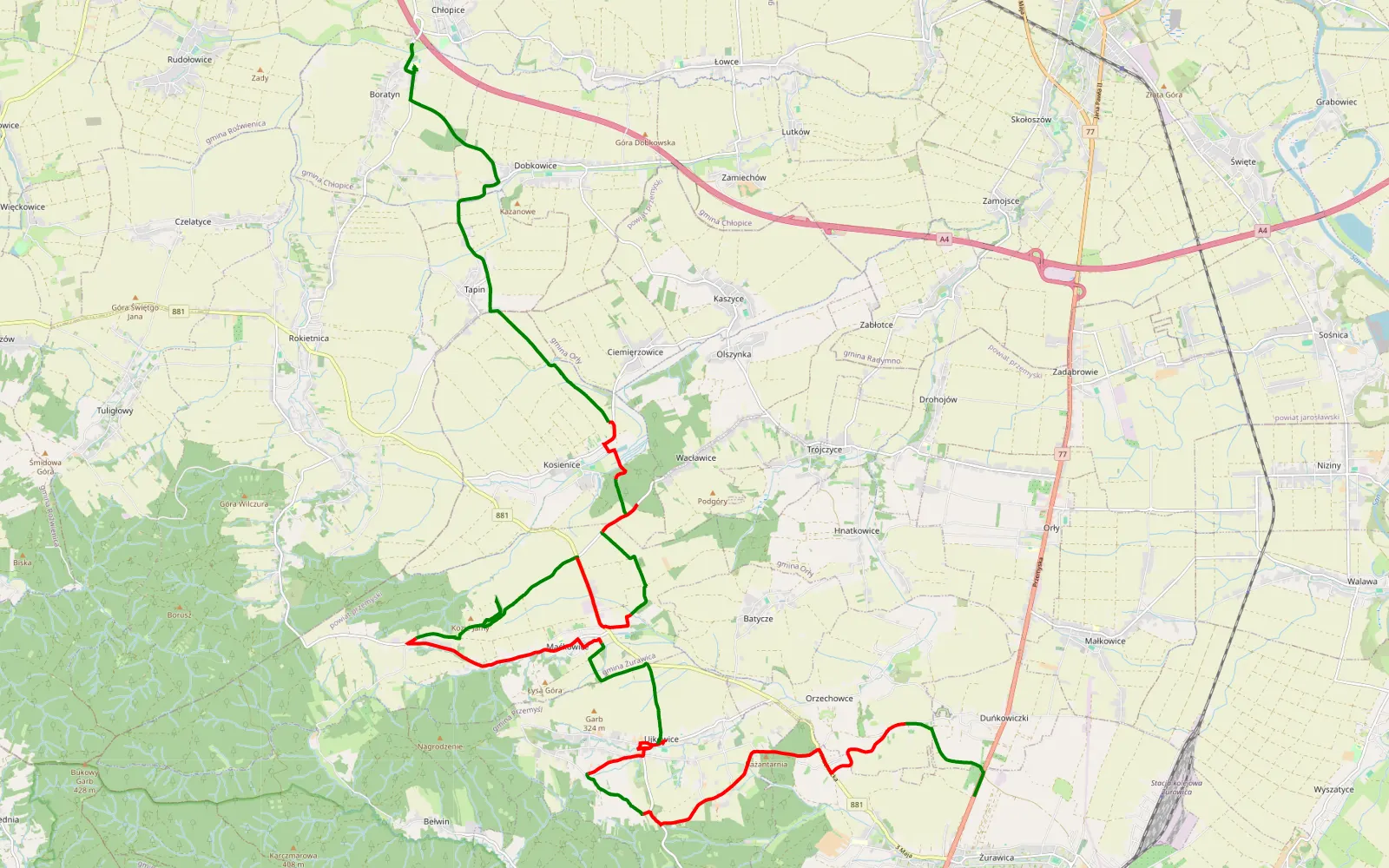 Mapa trasy Żurawica - Boratyń - 31.2 km trasy offroad, Powiat Przemyski