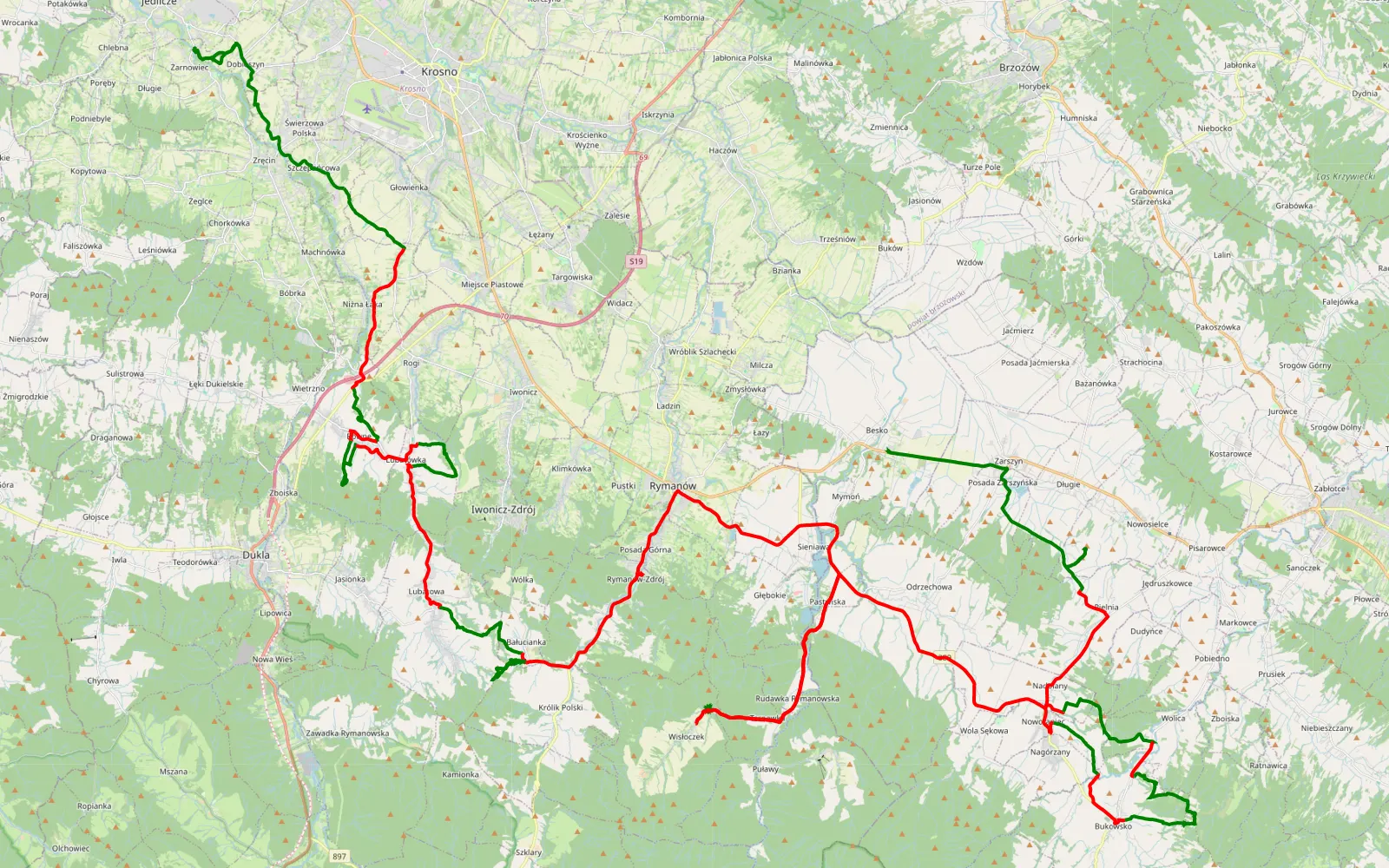 Mapa trasy Dobieszyn - Besko - 108.7 km trasy offroad, Powiat Krośnieński