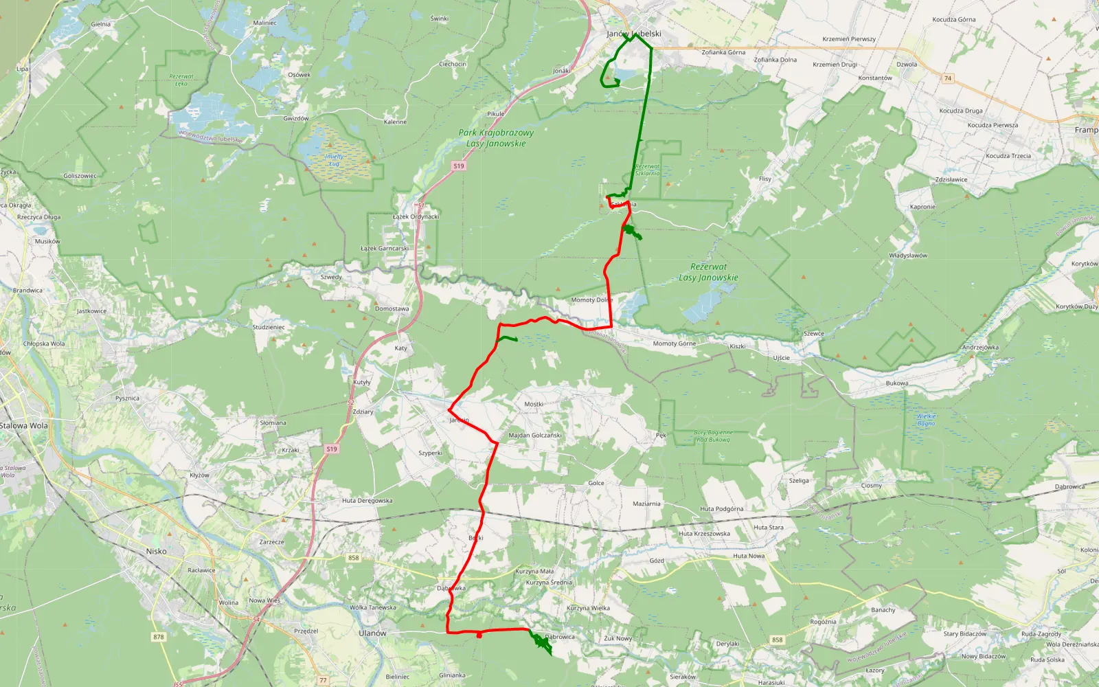 Mapa trasy Dąbrowica - Obrówka - 42.2 km trasy offroad, Powiat Niżański
