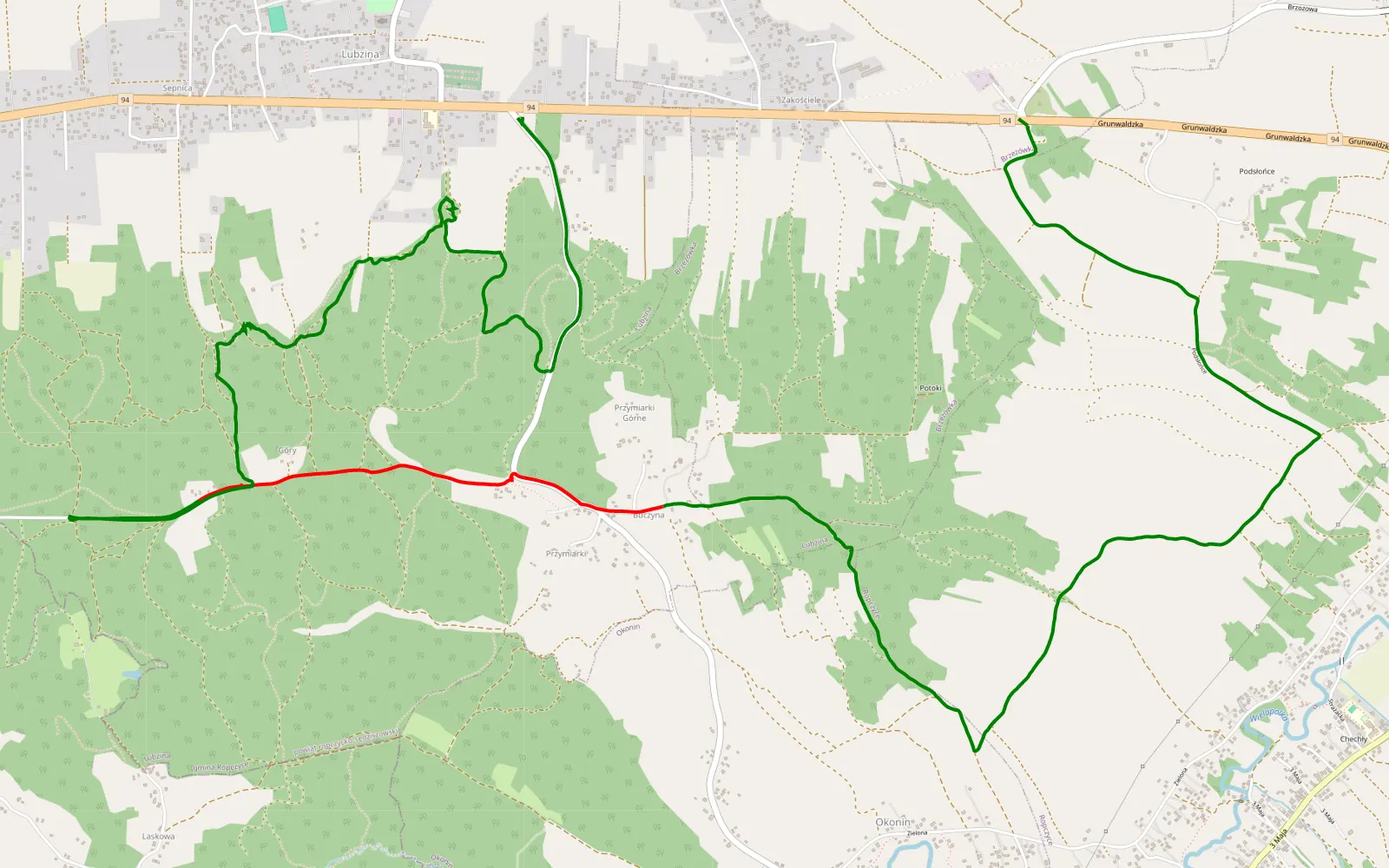 Mapa trasy Brzezówka - Lubzina - 13.3 km trasy offroad, Powiat Ropczycko-sędziszowski
