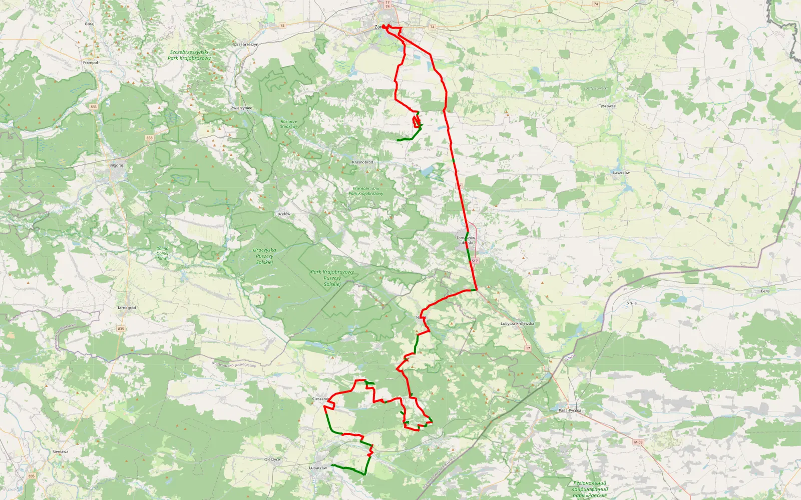 Mapa trasy Młodów - Hutków - 155.4 km trasy offroad, Powiat Lubaczowski
