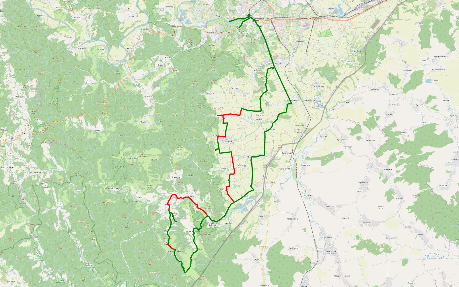 Mapa trasy Przemyśl - Zasanie - 37.8 km trasy offroad, Powiat Przemyski