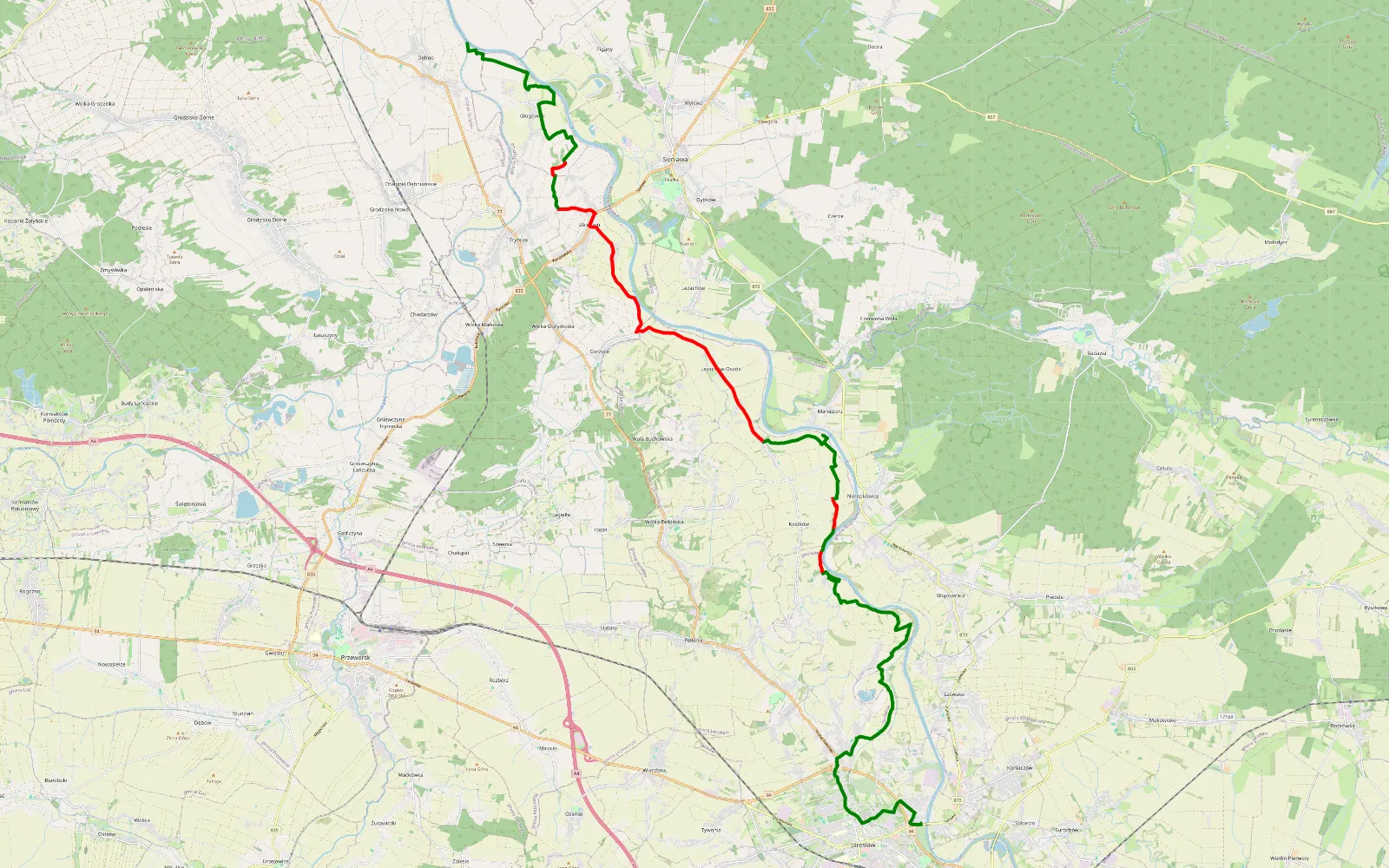 Mapa trasy Jarosław - Dębno - 32.8 km trasy offroad, Powiat Jarosławski