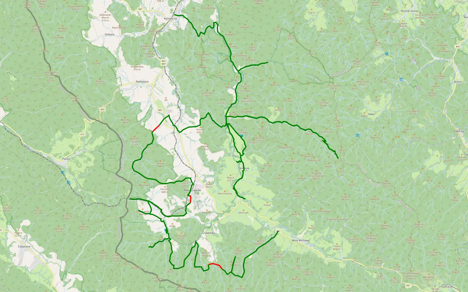 Mapa trasy Łupków - Smolnik - Komańcza - 42.8 km trasy offroad, Powiat Sanocki