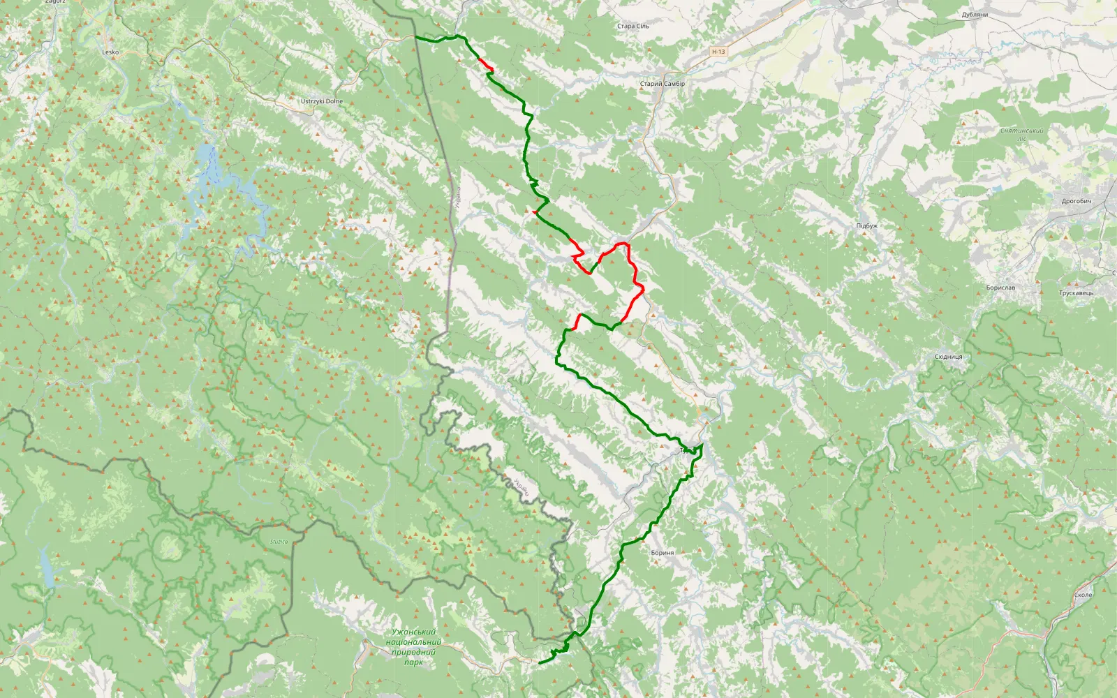Mapa trasy 1. 107km- Granica - Użok - 54.6 km trasy offroad, Самбірський район