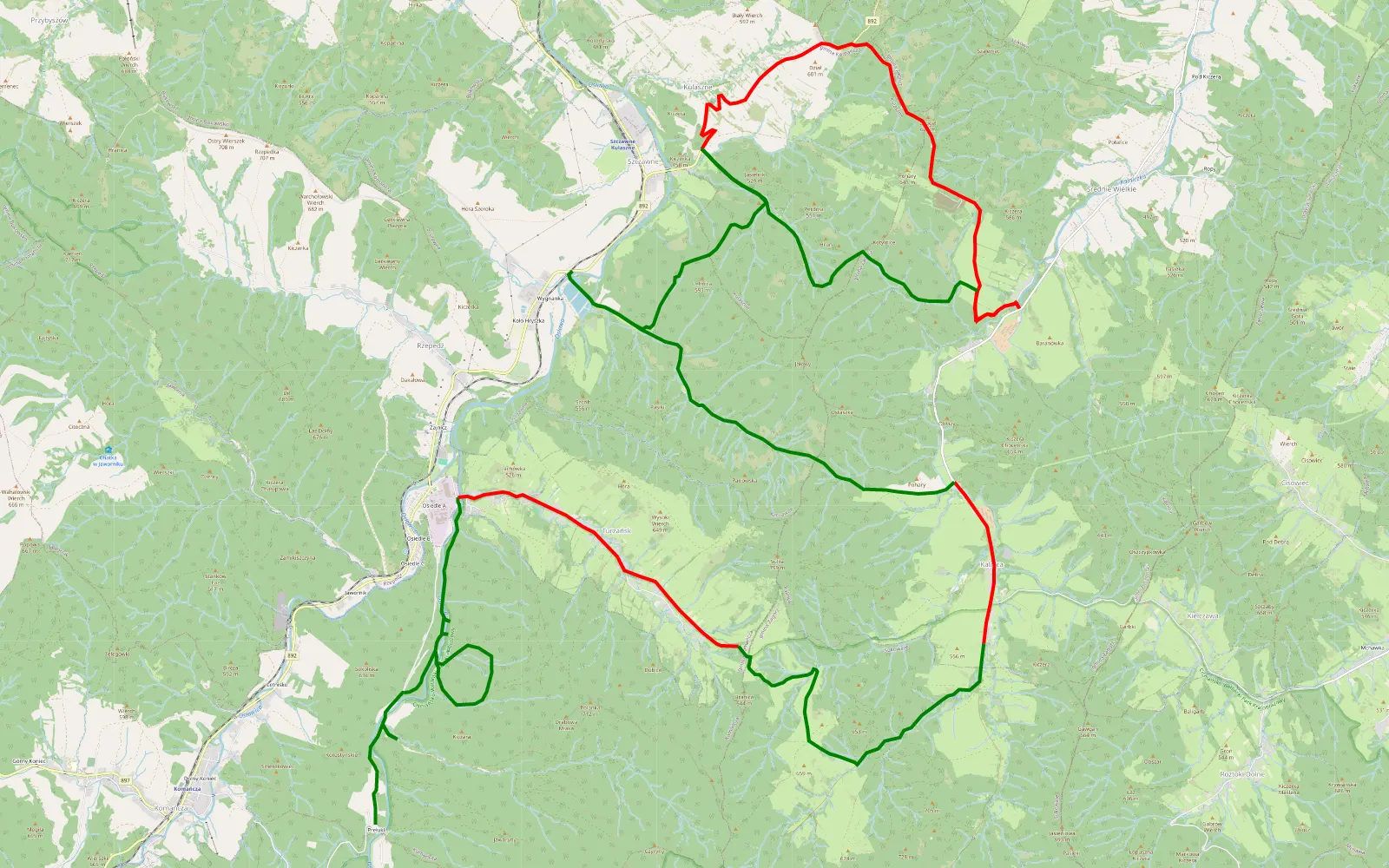 Mapa trasy Duszatyń - Rzepedź - Kalnica - 39.8 km trasy offroad, Powiat Sanocki