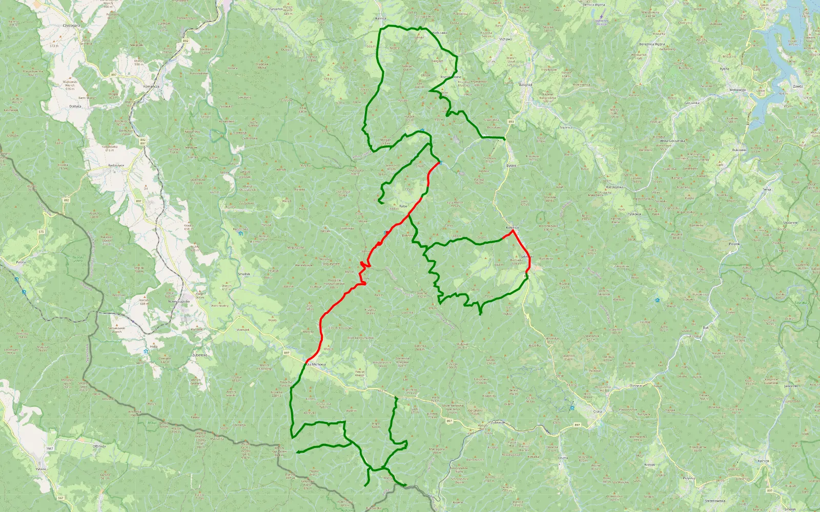 Mapa trasy Baligród - Przełęcz Żebrak - Balnica - 72.2 km trasy offroad, Powiat Leski