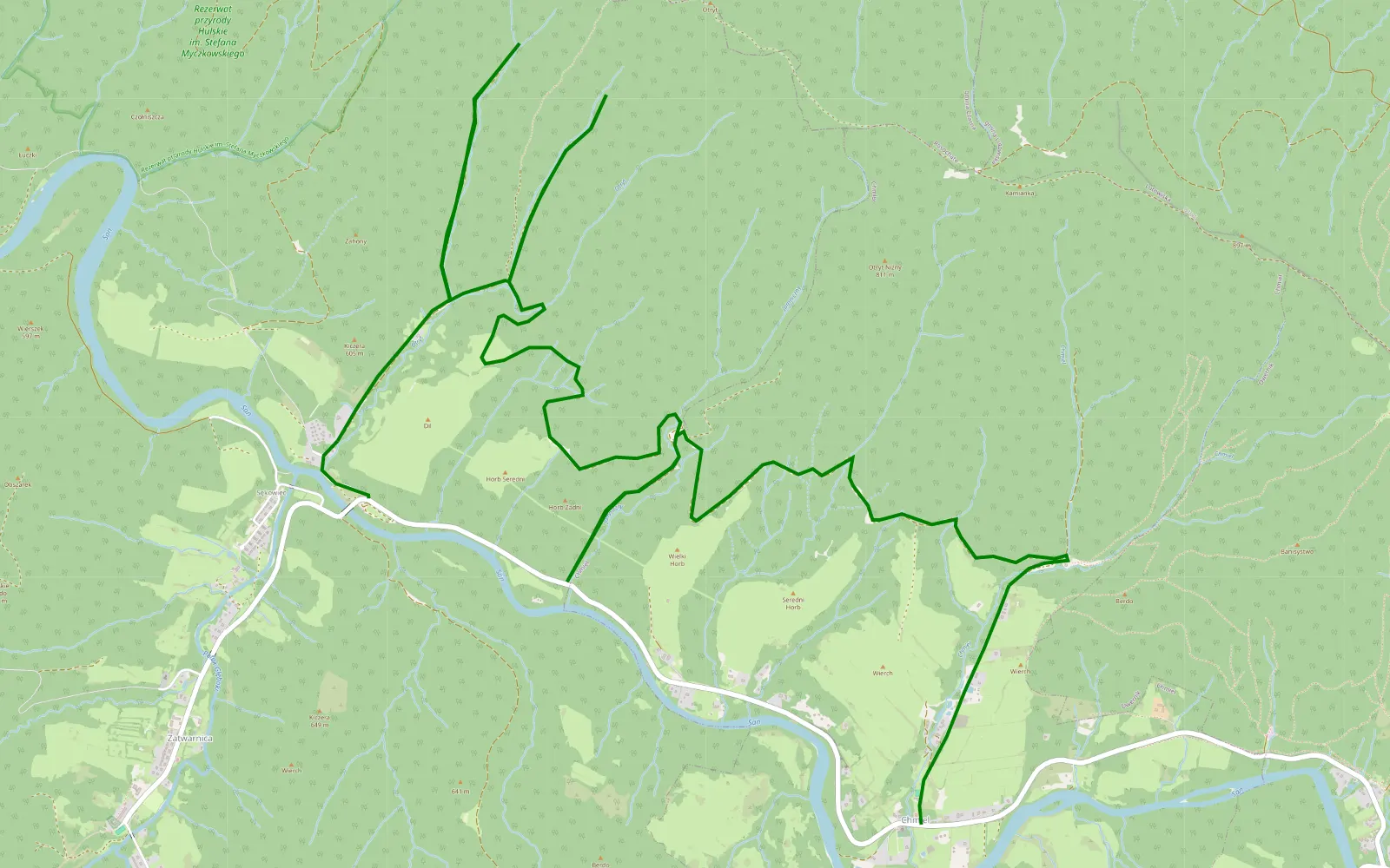 Map of Chmiel - Sękowiec - 14.3 km offroad trail, Bieszczady County