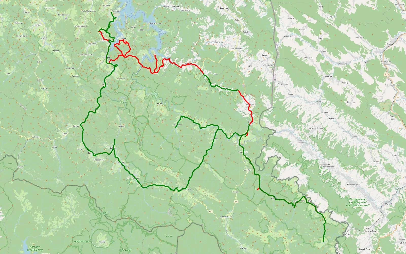 Mapa trasy Turystycznie po Bieszczadach - 89.8 km trasy offroad, Powiat Bieszczadzki