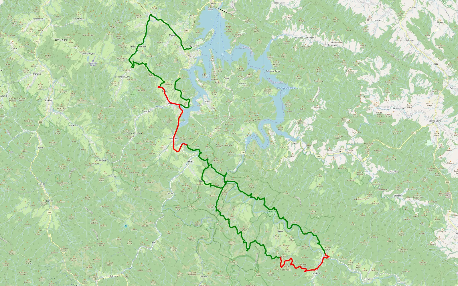 Map of Rybne - Polańczyk - 54.6 km offroad trail, Bieszczady County