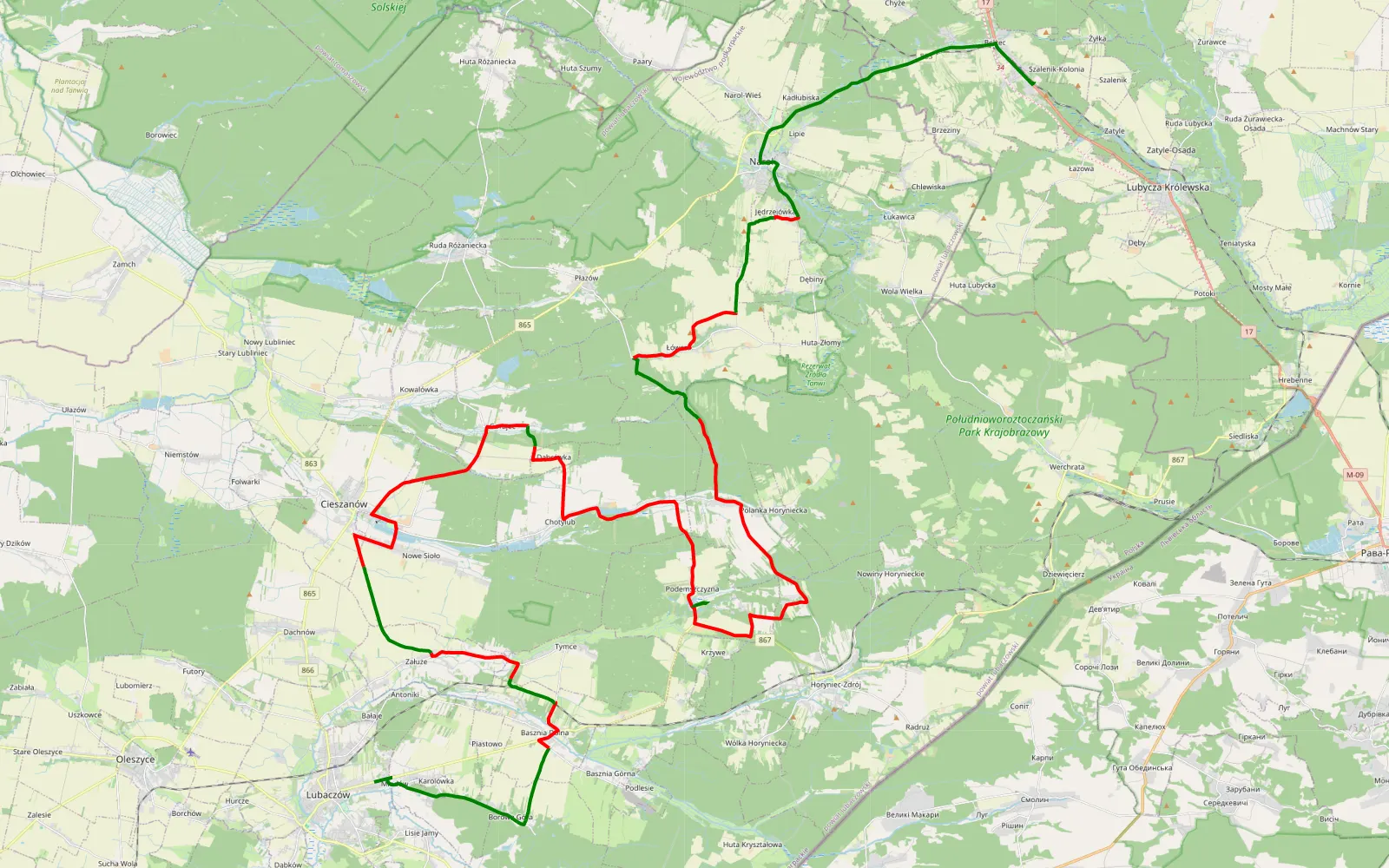 Map of Lubaczów - Bełżec - 65.8 km offroad trail, Lubaczów County