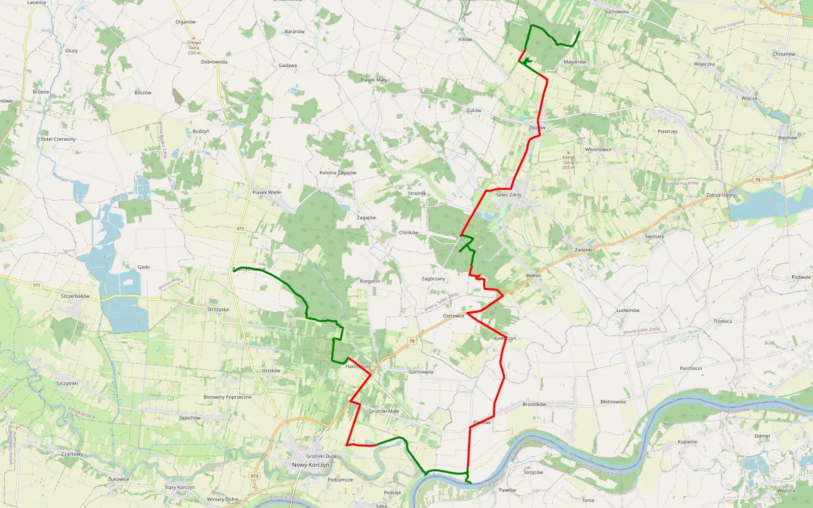 Mapa trasy Piasek-Nowy Korczyn-Magierów - 33.4 km trasy offroad, Powiat Buski