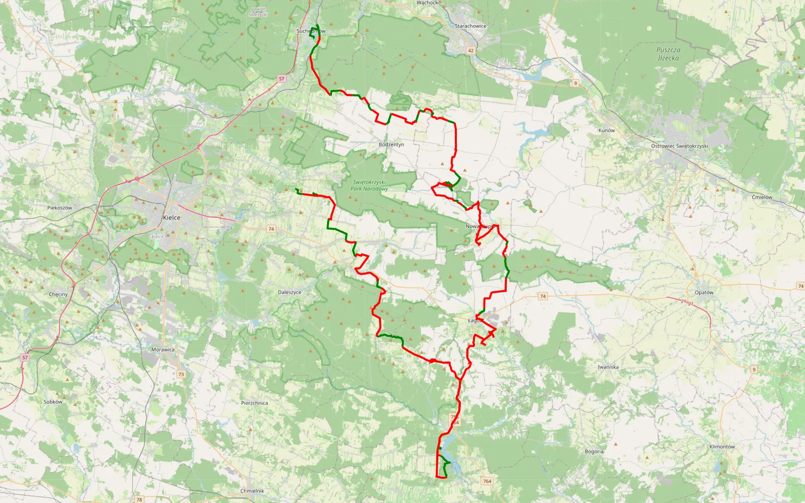 Map of Kielecczyzna-Jura Krakowsko-Czestochowska 1 - 155 km offroad trail, Kielce County