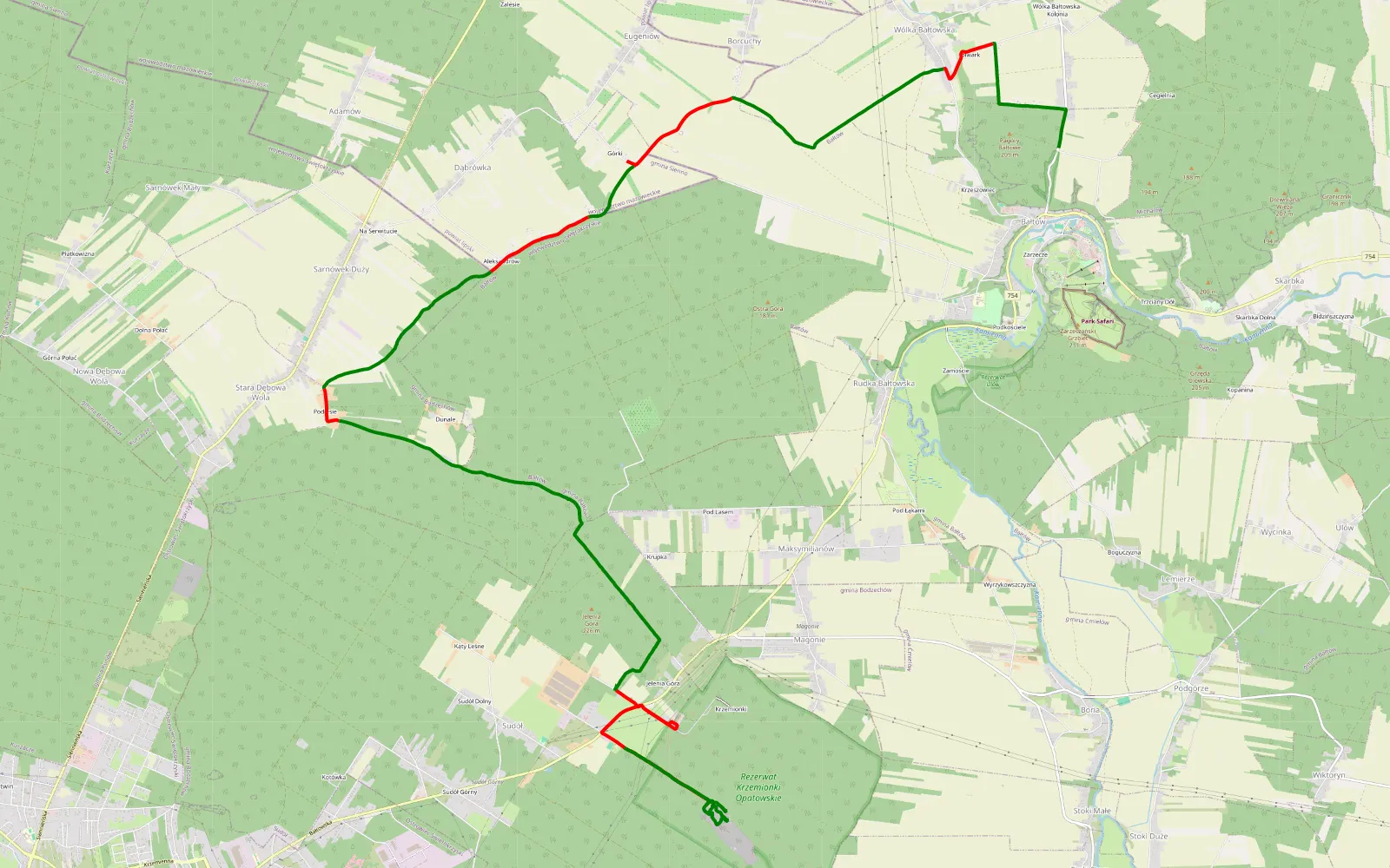 Mapa trasy Bałtów, Kucyki, Prolog - 21 km trasy offroad, Powiat Ostrowiecki