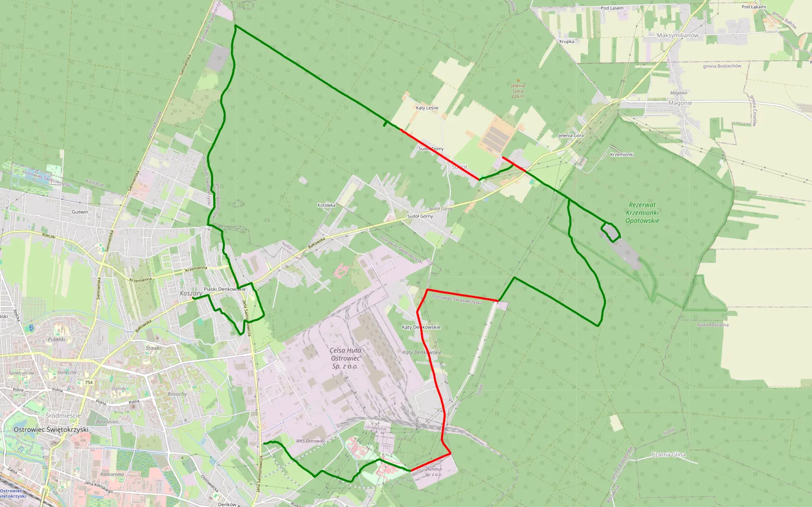 Mapa trasy Denków - Koszary - 21.1 km trasy offroad, Powiat Ostrowiecki