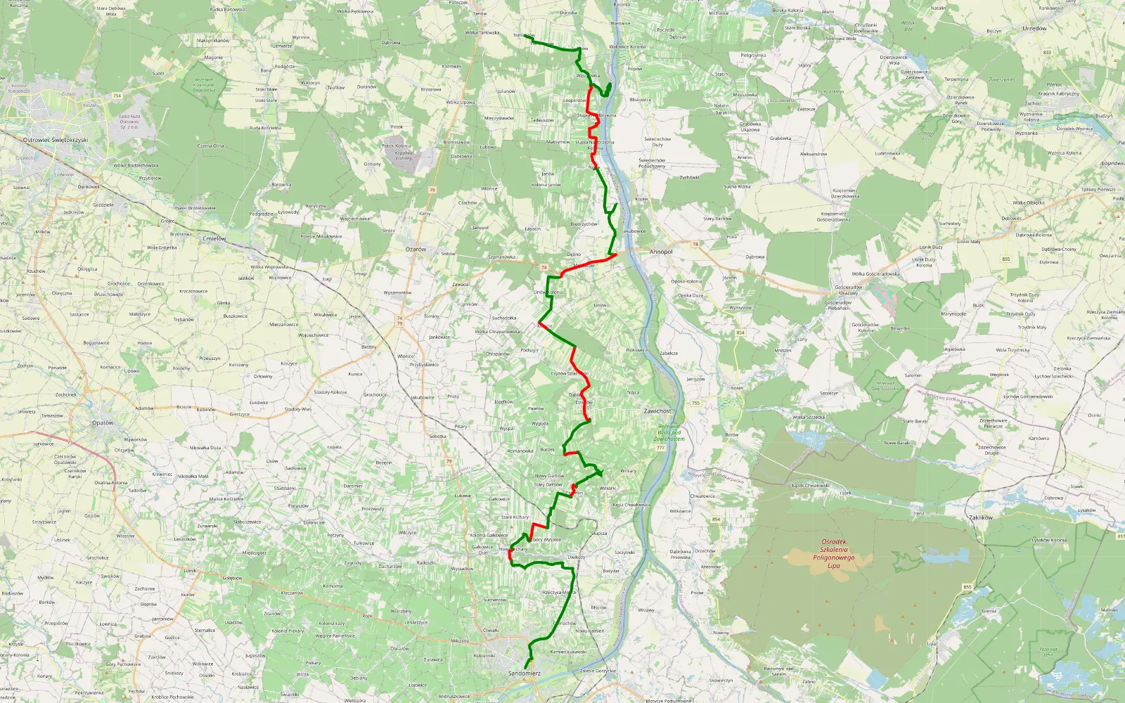 Map of Sandomierz - Tomaszów - 50.1 km offroad trail, Sandomierz County