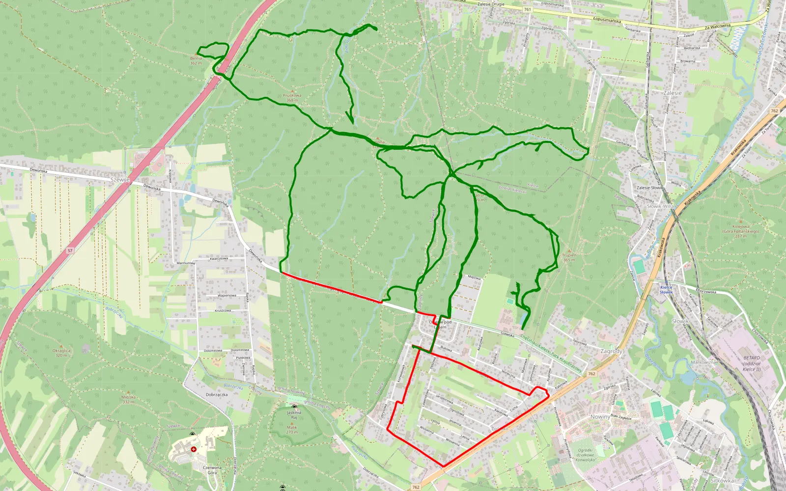 Mapa trasy Szewce - Zgórsko - 26.4 km trasy offroad, Powiat Kielecki