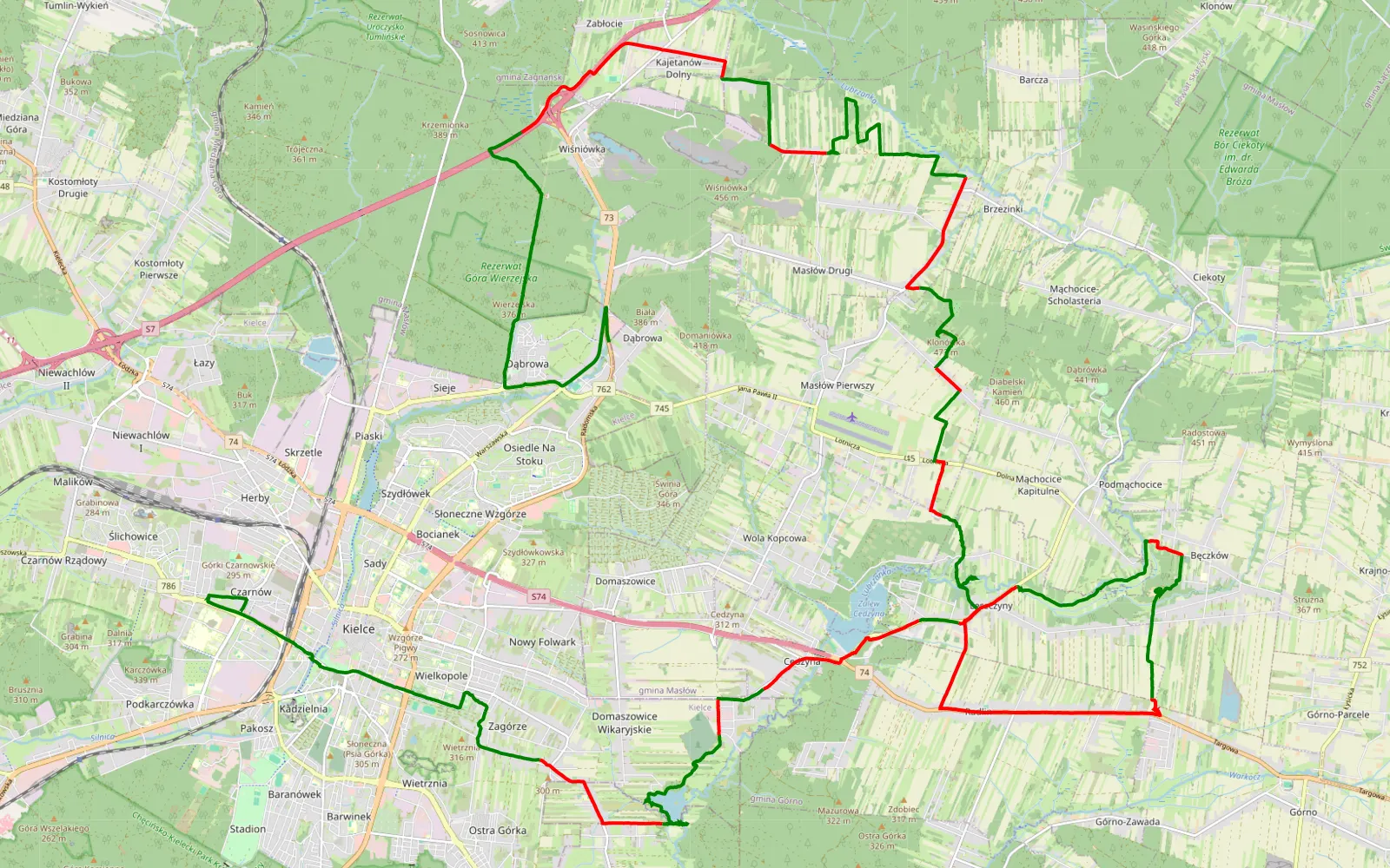 Mapa trasy Dąbrowa - Mójcza - 48.1 km trasy offroad, Powiat Kielecki