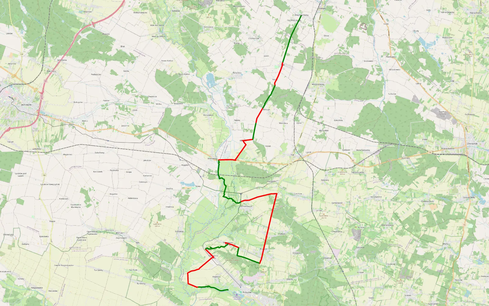Mapa trasy Drochów Dolny - Kopernia - 38.4 km trasy offroad, Powiat Pińczowski