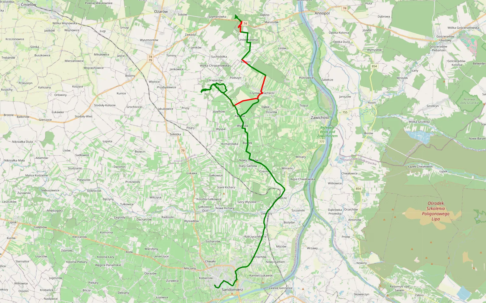Map of Dwikozy czyżów - 28.1 km offroad trail, Sandomierz County