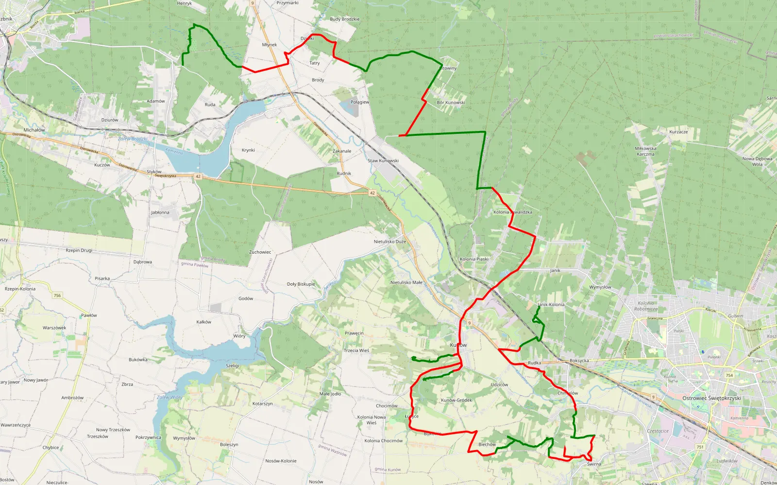 Map of Janik - Adamów - 53.8 km offroad trail, Ostrowiec County