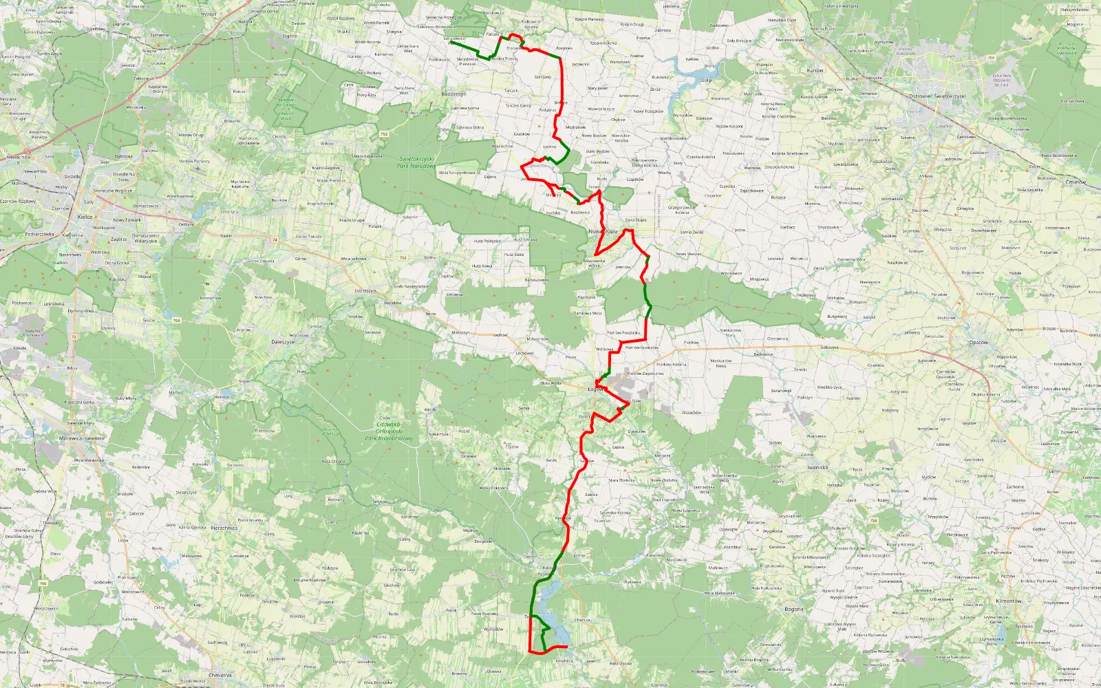 Mapa trasy Siekierno Chańcza - 74.9 km trasy offroad, Powiat Kielecki