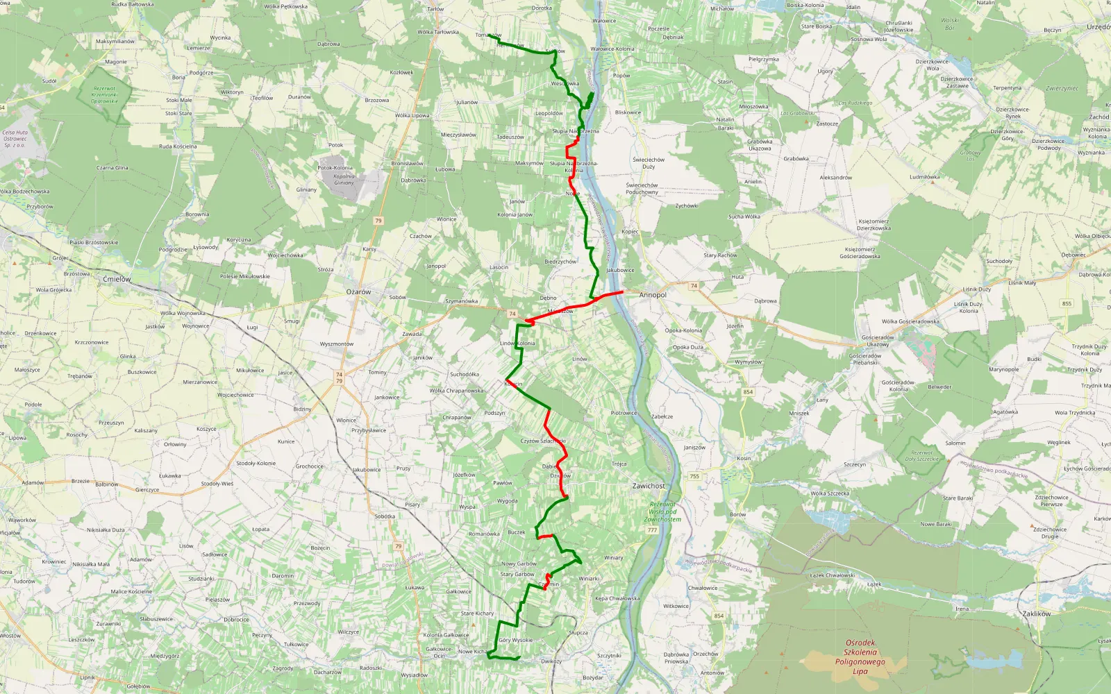 Map of Tomaszów - Dwikozy (Winnica Sandomirska) - 42.3 km offroad trail, Sandomierz County