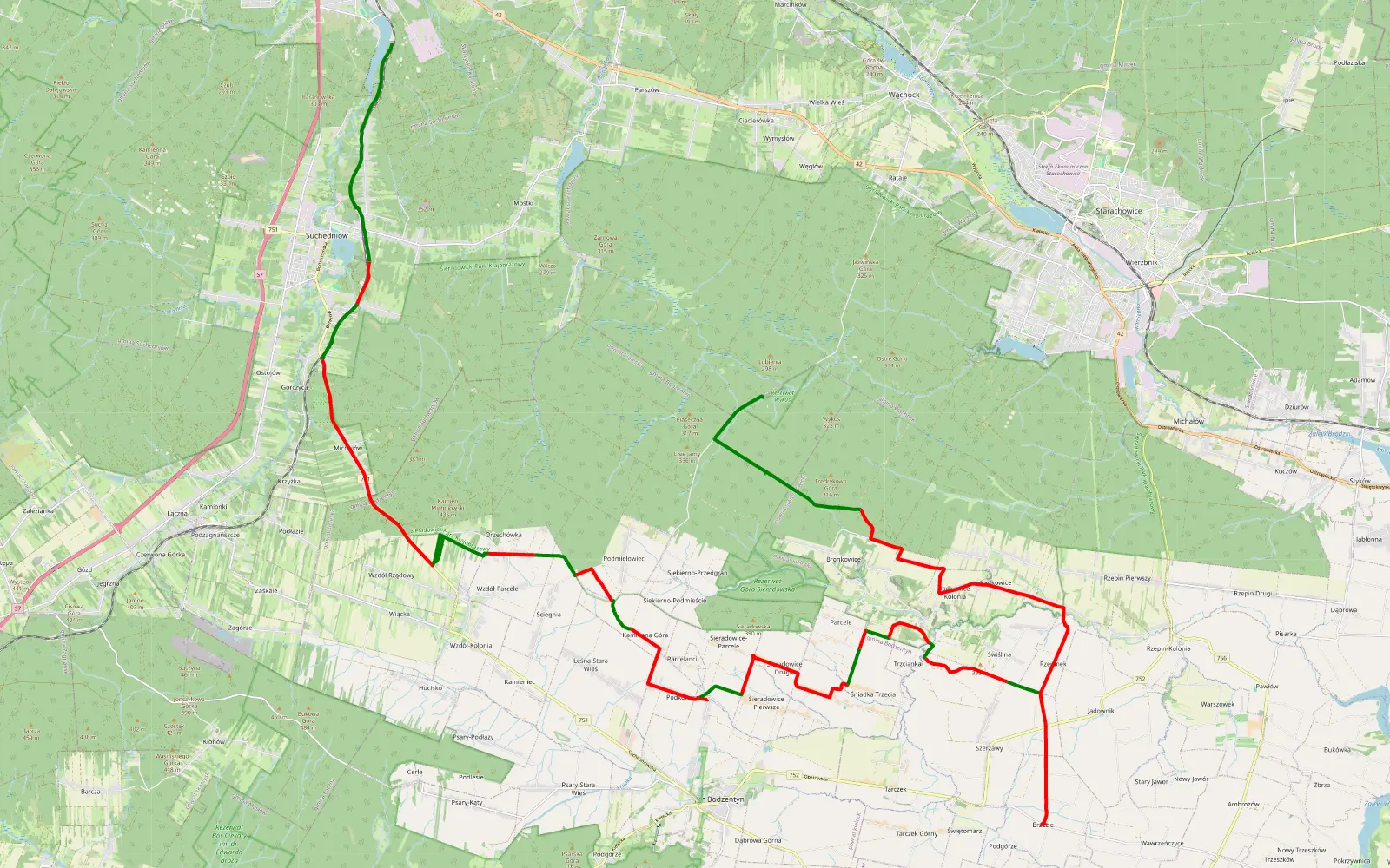 Mapa trasy Skarżysko - Góry Świętokrzyskie - 49.7 km trasy offroad, Powiat Kielecki