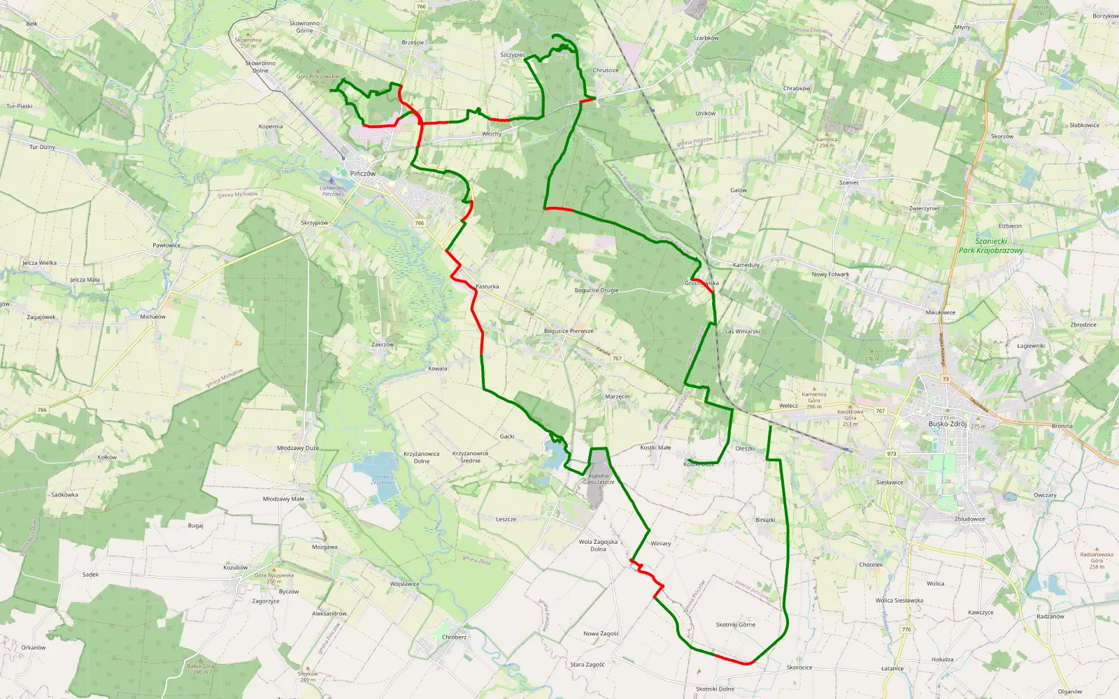 Map of Wełecz Oleszki - Kostki Duże - 51.6 km offroad trail, Pińczów County