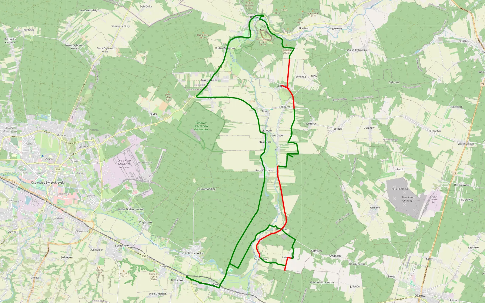 Mapa trasy Ćmielów - 21 km trasy offroad, Powiat Ostrowiecki
