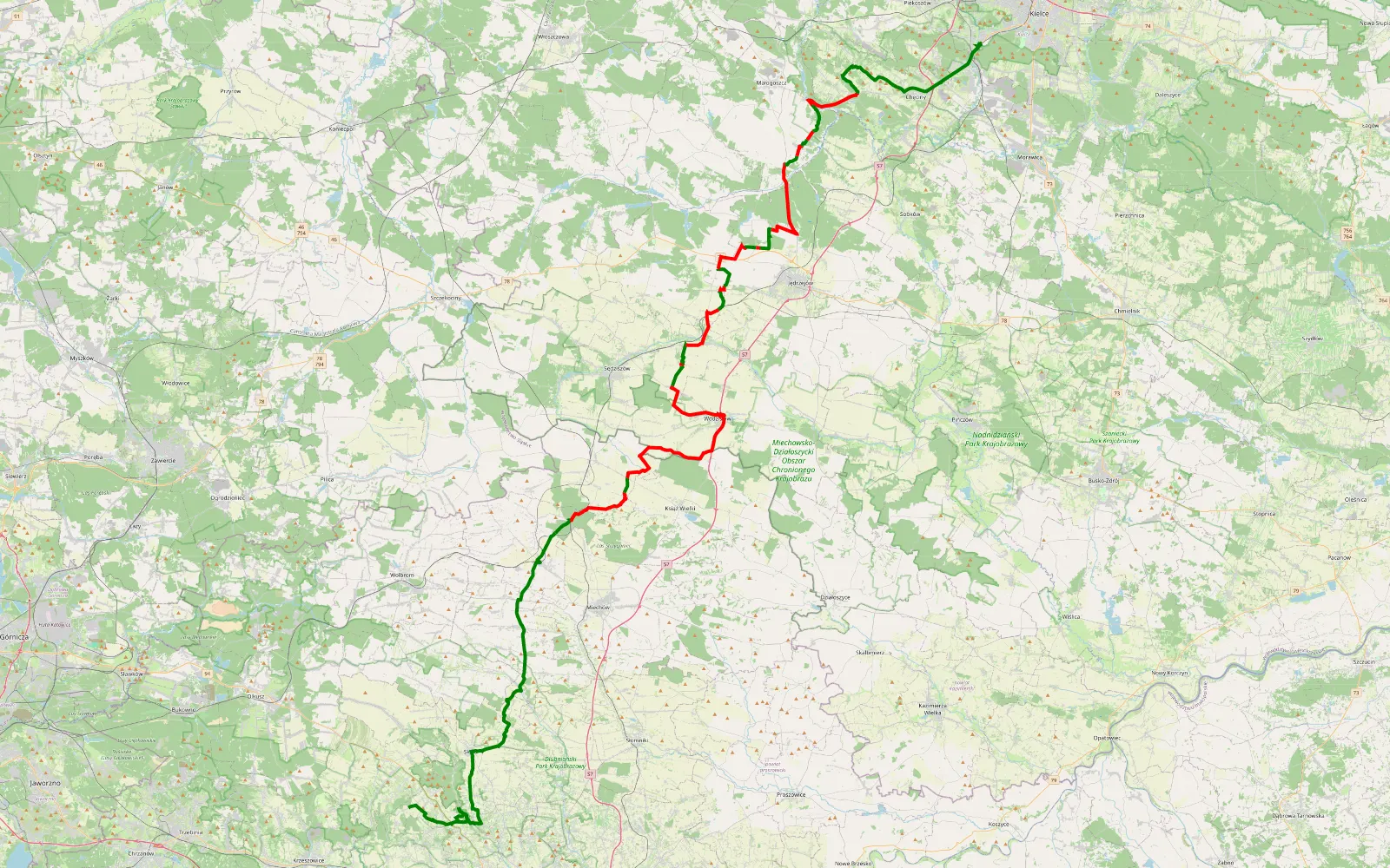 Mapa trasy Kawiory - Słowik - 88 km trasy offroad, Powiat Jędrzejowski