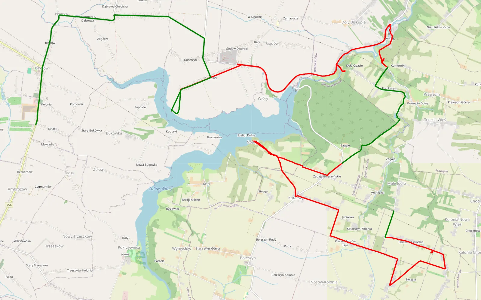 Mapa trasy Zagaje Boleszyńskie - Warszówek - 22.8 km trasy offroad, Powiat Ostrowiecki