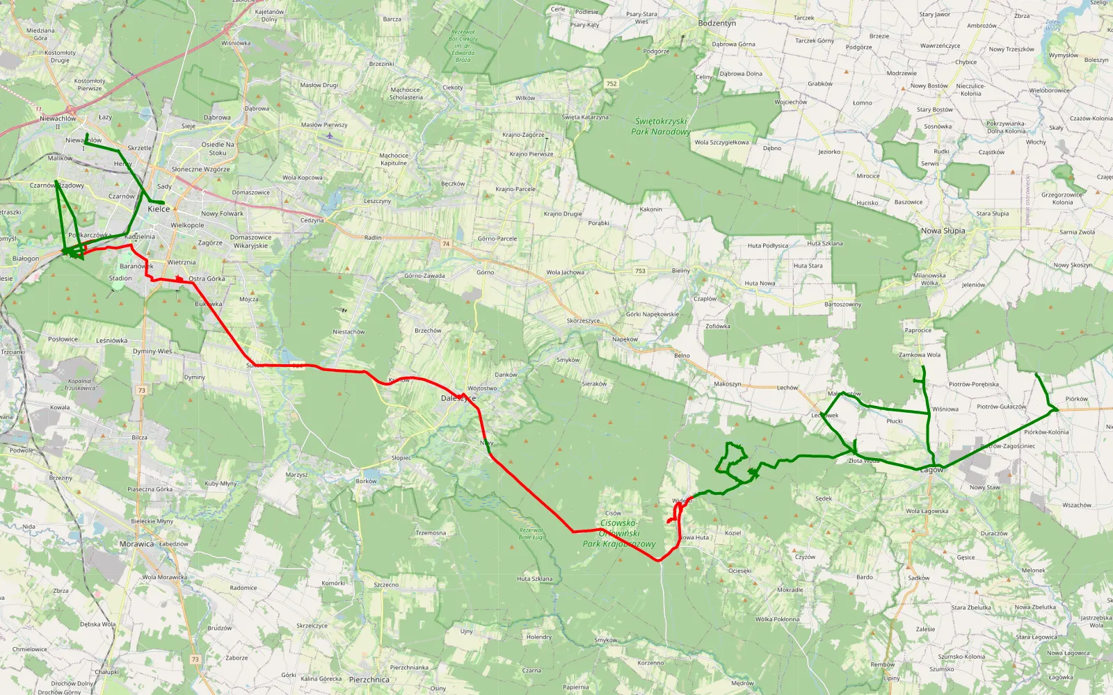 Map of Piotrów Podłazy - Herby - 66.9 km offroad trail, Kielce County