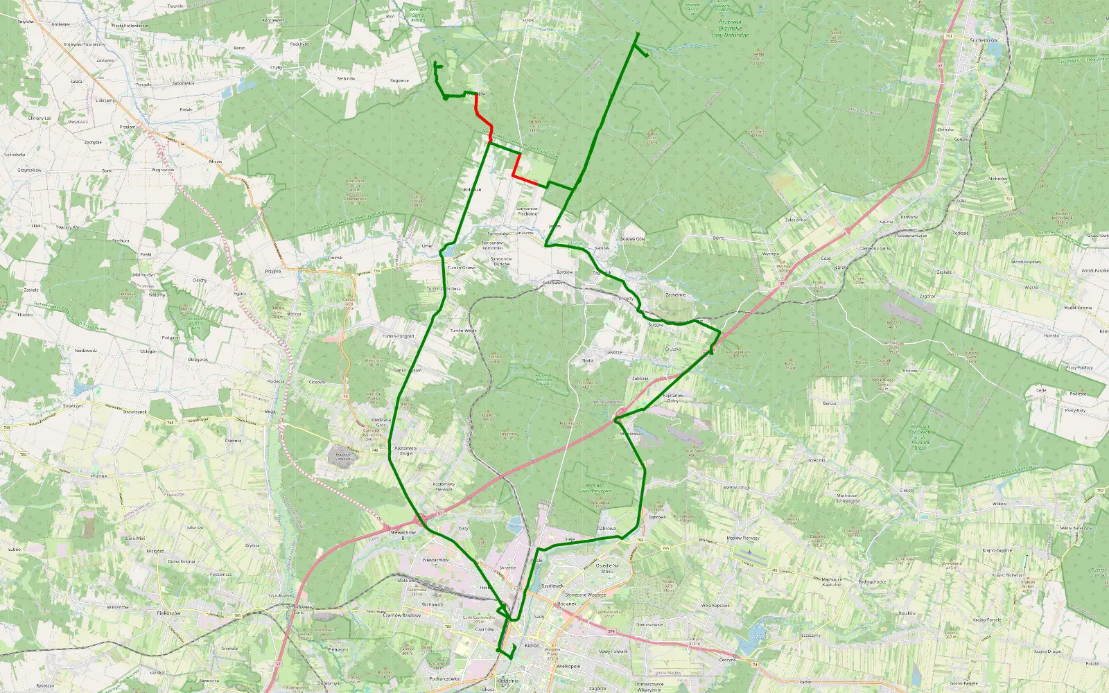 Map of Sady - Kielce - 24.4 km offroad trail, Kielce County