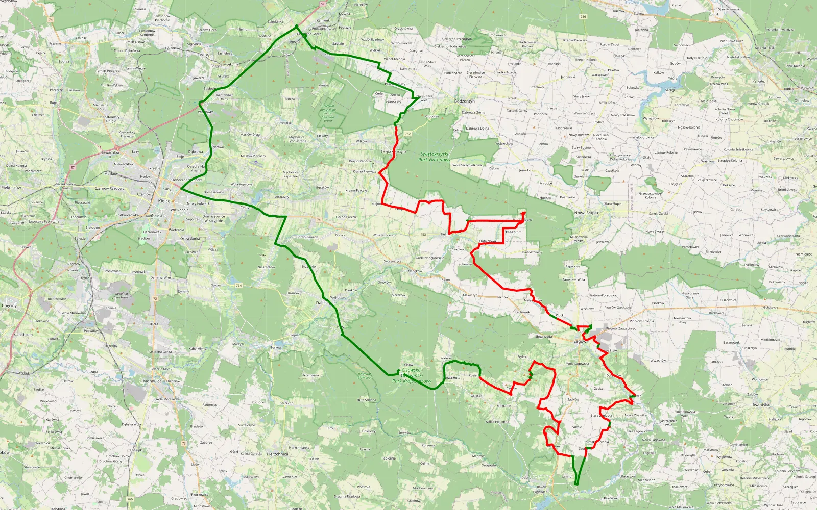 Map of Październikowe manewry dzień 1 - 94.9 km offroad trail, Kielce County