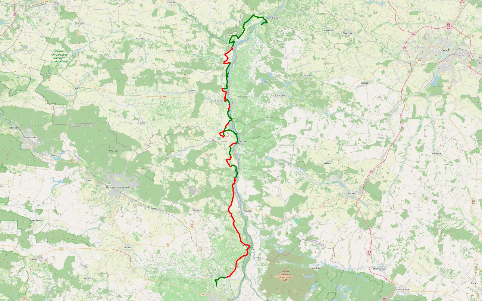Map of Kazimierz - 99.2 km offroad trail, Lipsko County