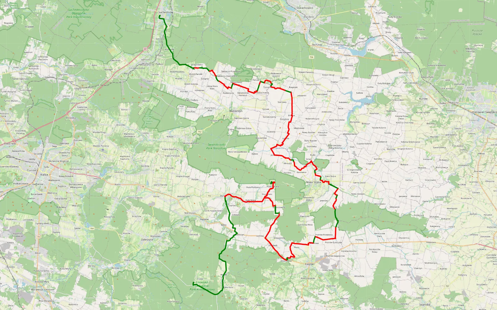 Map of Wymysłów - Suchedniów - 81.7 km offroad trail, Kielce County