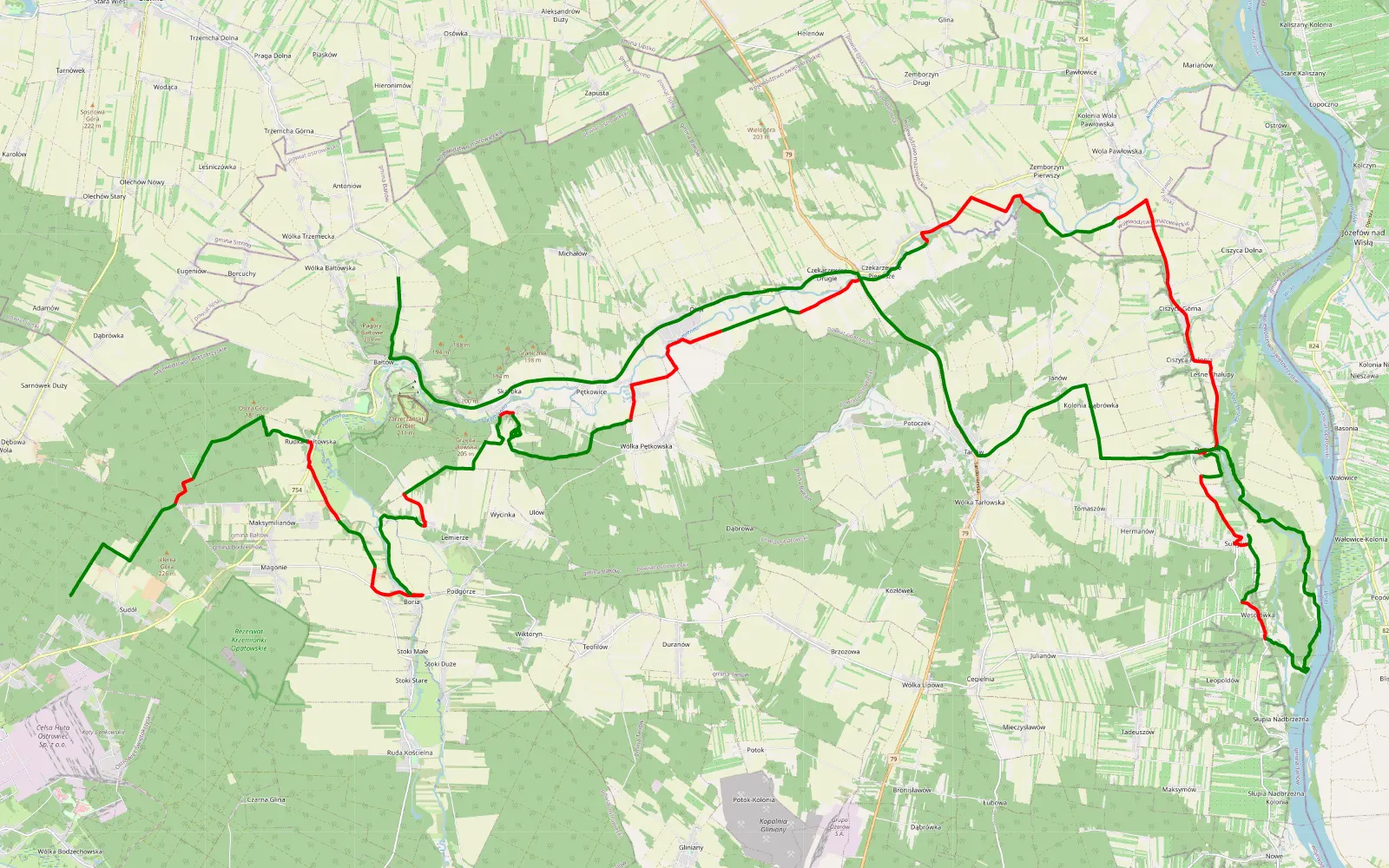 Mapa trasy Góry - Wólka Bałtowska - 58.5 km trasy offroad, Powiat Ostrowiecki