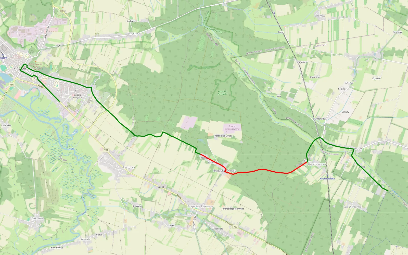 Map of Las Winiarski - Pińczów - 7.4 km offroad trail, Pińczów County