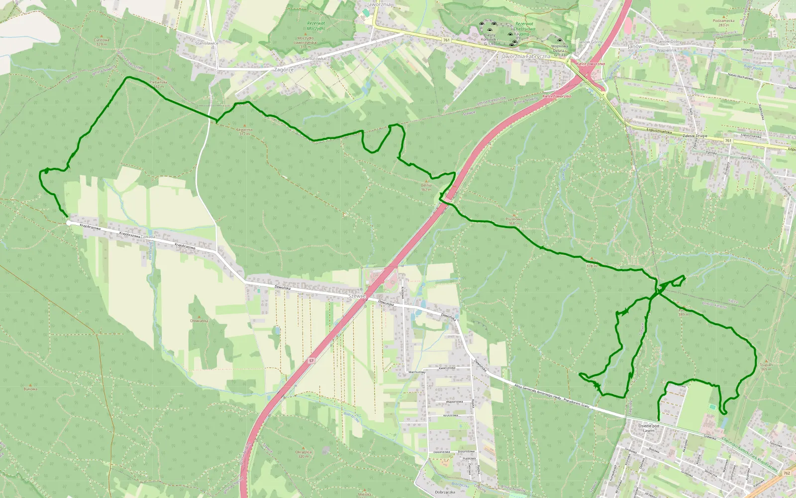 Mapa trasy Zgórsko - Zawada - 14.8 km trasy offroad, Powiat Kielecki