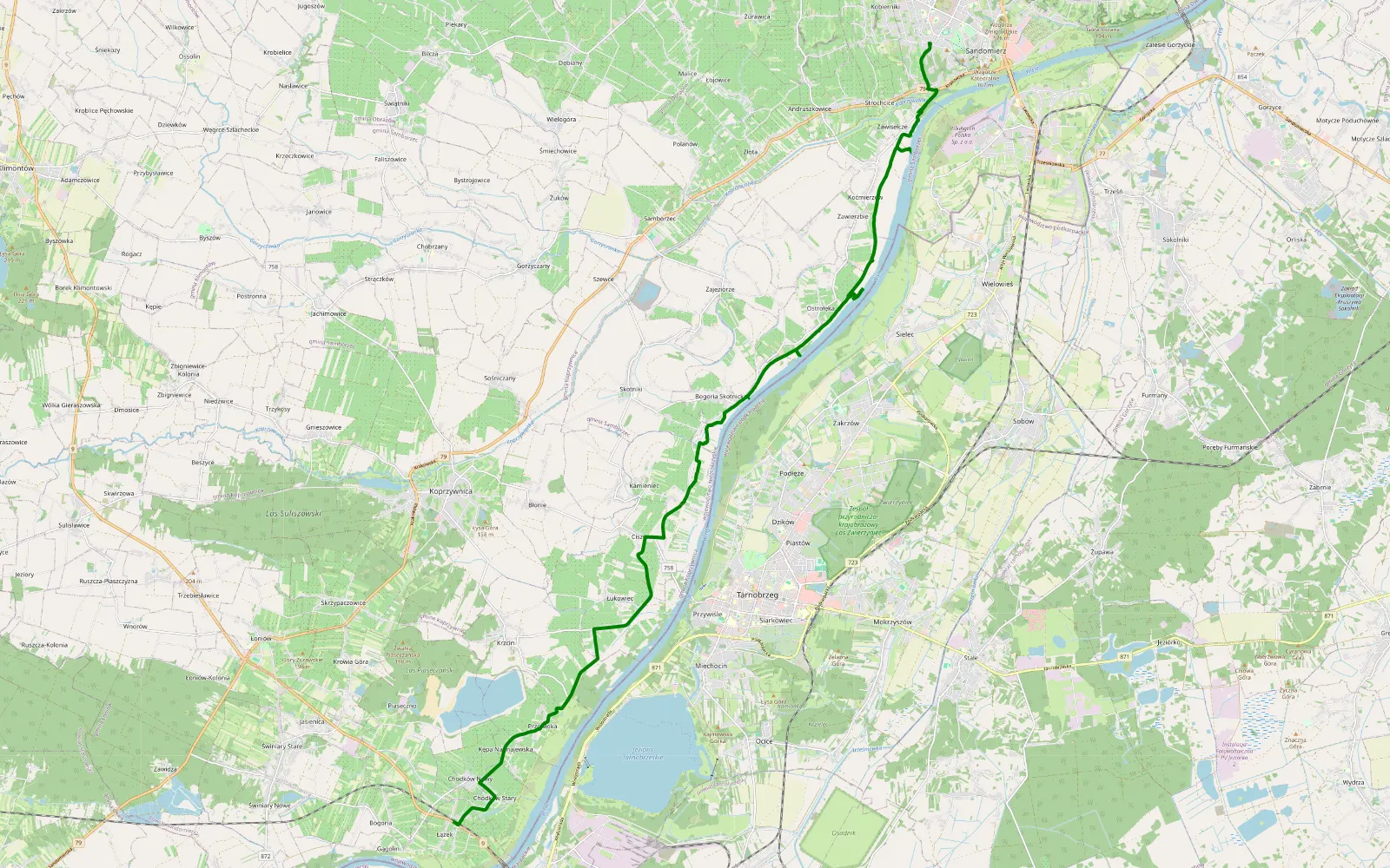 Map of Sandomierz - Łążek - 13.9 km offroad trail, Sandomierz County