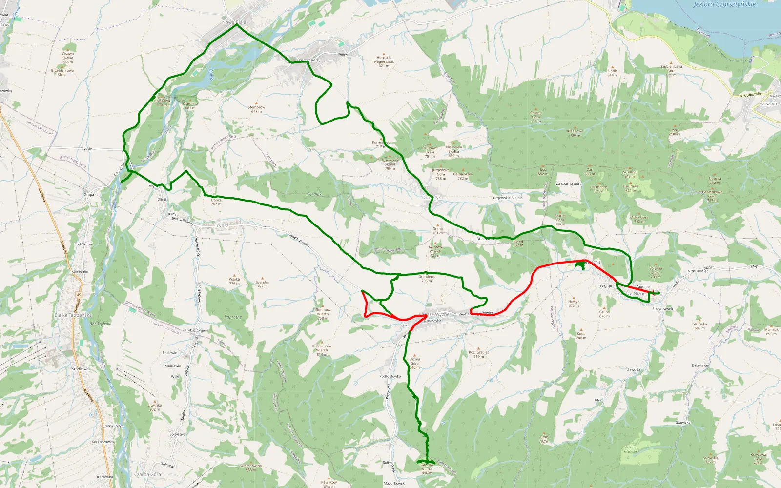 Mapa trasy Łapsze Niżne - 27.3 km trasy offroad, Powiat Nowotarski