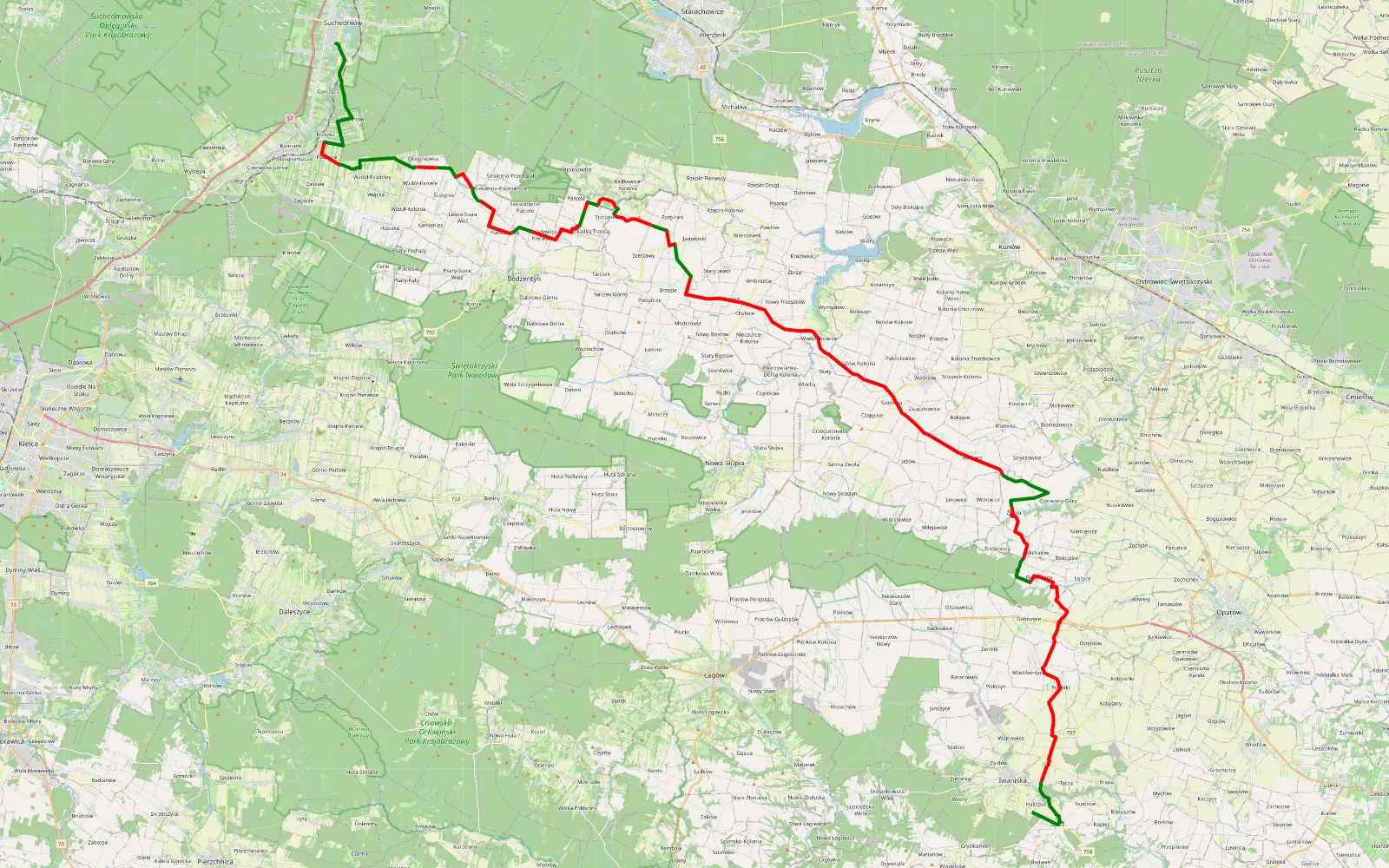 Map of Berezów - Haliszka - 69.4 km offroad trail, Opatów County