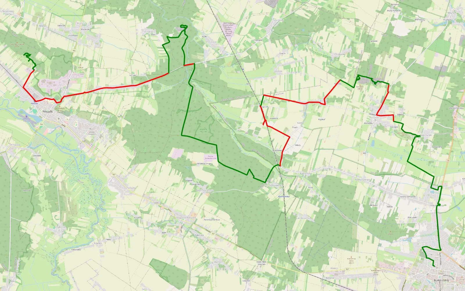Mapa trasy Busko-Zdrój - Nowa Wieś - 38.5 km trasy offroad, Powiat Pińczowski